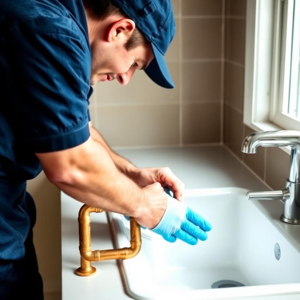Prime Plumbing technician repairing pipes under a sink
